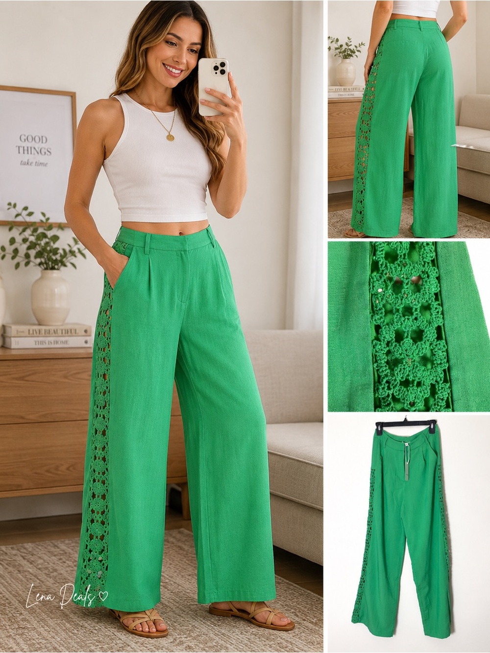 Heyson High-Rise Wide Leg Crochet with Lining Pants Green Emerald Sz Small